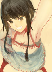 Rule 34 | 1girl, arm up, armpits, black eyes, black hair, black pantyhose, breasts, cleavage, dress, from above, grin, hand on own hip, looking at viewer, original, pantyhose, sakimori (hououbds), short hair, sidelocks, simple background, sketch, sleeveless, sleeveless dress, smile, solo, sundress, white dress