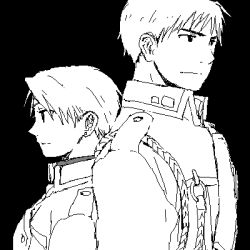 Rule 34 | 1boy, 1girl, amestris military uniform, back-to-back, black background, black eyes, earrings, fullmetal alchemist, greyscale, height difference, jewelry, light smile, looking away, lowres, mattsu, military, military uniform, monochrome, riza hawkeye, roy mustang, short hair, simple background, smile, standing, uniform, upper body