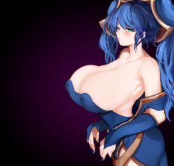 Rule 34 | bare shoulders, blue eyes, blue hair, blush, breasts, cleavage, huge breasts, league of legends, long hair, looking at viewer, mamimi (mamamimi), nail polish, sona (league of legends), twintails