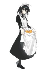 Rule 34 | 1girl, :&lt;, antenna hair, apron, apron hold, bad id, bad twitter id, black bow, black dress, black footwear, black hair, bow, collared dress, dress, food, frown, fruit, green eyes, highres, long sleeves, looking at viewer, maid, maid apron, maid headdress, medium hair, original, pantyhose, puffy sleeves, shoes, simple background, sleeve cuffs, solo, white background, xxxsoiu1