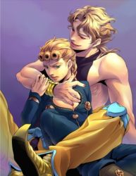Rule 34 | 2boys, age difference, blonde hair, braid, dio brando, father and son, giorno giovanna, hand under clothes, jojo no kimyou na bouken, multiple boys, pectorals, pointy footwear, tagme, victory rolls
