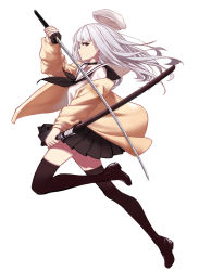 Rule 34 | 1girl, absurdres, arm up, beret, black choker, black footwear, black legwear, black neckwear, black skirt, brown jacket, choker, closed mouth, full body, grey hair, hat, highres, holding, holding sword, holding weapon, jacket, katana, long hair, long sleeves, looking to the side, midair, off shoulder, open clothes, open jacket, original, pleated skirt, red eyes, sailor collar, school uniform, serafuku, sheath, shirt, sideways glance, simple background, skirt, smile, solo, sword, weapon, white background, white hat, white sailor collar, white shirt, wu lun wujin