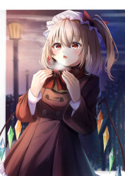 Rule 34 | 1girl, blonde hair, border, coat, commentary, flandre scarlet, hat, jacket, kisaragimikuru, lamppost, long sleeves, night, night sky, open mouth, rainbow wings, red eyes, red jacket, red scarf, scarf, shirt, sky, solo, touhou, white border, white hat, white shirt, winter clothes, winter coat