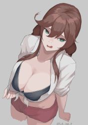 Rule 34 | 1girl, bikini, bikini under clothes, black bikini, braid, breasts, brown hair, cleavage, collarbone, fish can 8, from above, green eyes, grey background, hair between eyes, highres, kantai collection, large breasts, long hair, looking at viewer, midriff, noshiro (kancolle), official alternate costume, open mouth, pants, red pants, red shorts, shirt, shorts, sidelocks, simple background, solo, swept bangs, swimsuit, tied shirt, twin braids, twitter username, white shirt