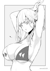 Rule 34 | 1girl, arm behind head, armpits, bikini, blunt bangs, breasts, grey background, greyscale, highres, kichihachi, large breasts, looking at viewer, monochrome, original, short hair, simple background, solo, swimsuit, twitter username, two-tone background, v, white background