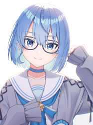 Rule 34 | 1girl, apple (zdj0266), aran sweater, black-framed eyewear, blue bow, blue bowtie, blue choker, blue eyes, blue hair, blush, bow, bowtie, cable knit, cardigan, choker, closed mouth, colored inner hair, double-parted bangs, earrings, glass, grey cardigan, hair between eyes, hand up, highres, hololive, hoshimachi suisei, hoshimachi suisei (school uniform), jewelry, looking at viewer, multicolored hair, official alternate costume, official alternate hair length, official alternate hairstyle, pearl earrings, sailor collar, school uniform, serafuku, shirt, short hair, simple background, sleeves past fingers, sleeves past wrists, smile, solo, star (symbol), star in eye, sweater, symbol in eye, upper body, virtual youtuber, white background, white sailor collar, white serafuku, white shirt