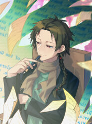 Rule 34 | 1boy, black jacket, braid, brown hair, brown scarf, closed mouth, commentary, fengtian (artist), green shirt, harada minoru, highres, holding, holding pen, jacket, long sleeves, male focus, open clothes, open jacket, papers, parted bangs, pen, red eyes, saibou shinkyoku, scar, scar on face, scar on forehead, scarf, shirt, side braid, single braid, smile, solo, upper body