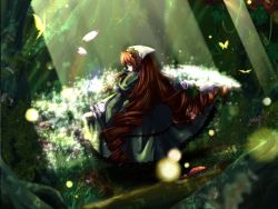 Rule 34 | 00s, 1girl, bug, butterfly, clothes lift, drill hair, female focus, flower, fly agaric, forest, heterochromia, insect, long hair, mushroom, nature, outdoors, rozen maiden, solo, sparkle, standing, suiseiseki, very long hair, wallpaper