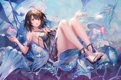 Rule 34 | 1girl, armpits, atdan, bare legs, bare shoulders, black dress, black hair, breasts, bug, butterfly, detached sleeves, dress, fantasy, feet, high heels, highres, insect, knees up, looking at viewer, medium breasts, open mouth, original, red eyes, short hair, sideboob, sleeveless, sleeveless dress, solo, thighs, toes