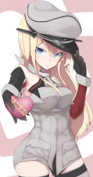Rule 34 | 10s, 1girl, bismarck (kancolle), black gloves, blonde hair, blue eyes, blush, box, candy, chocolate, chocolate heart, detached sleeves, food, german text, gift, gift box, gloves, grey thighhighs, hand on headwear, hat, heart, heart-shaped box, highres, kantai collection, long hair, long sleeves, looking at viewer, military, military uniform, mku, open mouth, parted lips, peaked cap, pov, solo, thighhighs, translated, uniform, valentine