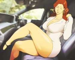 Rule 34 | 1girl, blazer, blurry, blurry background, breasts, brown eyes, brown hair, cao li, car, cleavage, crossed legs, curvy, earrings, formal, high heels, highres, hoop earrings, jacket, jewelry, large breasts, leg lift, lipstick, long hair, looking away, makeup, miniskirt, motor vehicle, nappii (nappy happy), necklace, one eye closed, original, outdoors, pearl necklace, pencil skirt, shiny skin, sitting, skirt, skirt suit, smile, solo, suit, thick thighs, thighs, tight clothes, toned, wink