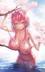 Rule 34 | 1girl, bare shoulders, blue eyes, blue sky, blush, branch, breasts, cherry blossoms, cleavage, collarbone, day, dress, falling petals, female pubic hair, flower, hair between eyes, highres, hisasi, huge breasts, large breasts, long hair, looking at viewer, nipples, original, outdoors, parted lips, partially submerged, petals, petals on liquid, pink flower, pink hair, pubic hair, ripples, see-through, sky, solo, strap slip, tree, wading, water, wet, wet clothes