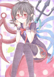 Rule 34 | 1girl, asymmetrical wings, bespectacled, black hair, black thighhighs, colored pencil (medium), dress, female focus, glasses, houjuu nue, kittona, millipen (medium), polearm, red-framed eyewear, red eyes, short hair, sitting, snake, solo, thighhighs, touhou, traditional media, trident, ufo, weapon, wings, wrist cuffs