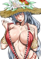 Rule 34 | 1girl, areola slip, bracer, breasts, cleavage reach, dynamite-kit, female focus, flower, glasses, hat, hat flower, large breasts, licking lips, lips, long hair, looking at viewer, naughty face, navel, puzzle &amp; dragons, red eyes, round eyewear, silver hair, simple background, slingshot swimsuit, solo, sun hat, swimsuit, tongue, tongue out, upper body, urd (p&amp;d)