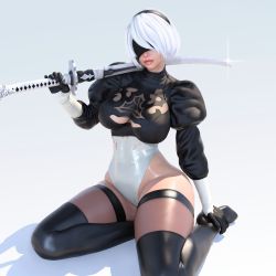 Rule 34 | 1girl, 2b (nier:automata), 3d, absurdres, black blindfold, black footwear, black thighhighs, blindfold, boots, breasts, cleavage, gloves, hairband, heattech leotard, highres, holding, holding weapon, juliet sleeves, kneeling, large breasts, leotard, long sleeves, medium breasts, nier:automata, nier (series), popogori, puffy sleeves, shiny skin, short hair, sword, thigh boots, thighhighs, thighs, turtleneck, virtuous contract, weapon, white gloves, white hair