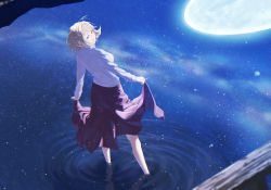 Rule 34 | 1girl, antenna hair, arcueid brunestud, back, backlighting, blonde hair, blurry, breasts, contrapposto, depth of field, from above, from behind, hair intakes, half-closed eyes, highres, huge moon, light particles, long skirt, looking at viewer, looking back, moon, moonlight, night, outdoors, parted lips, purple skirt, railing, red eyes, reflection, reflective water, ripples, short hair, sikiwa, skirt, skirt hold, solo, standing, sweater, tsukihime, turtleneck, turtleneck sweater, wading, water, white sweater, wooden railing