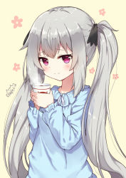 Rule 34 | 10s, 1girl, alternate hairstyle, black ribbon, blue shirt, blush, closed mouth, commentary request, cup, hair between eyes, hair ribbon, hands up, highres, holding, holding cup, long hair, long sleeves, looking at viewer, neps-l, purple eyes, ribbon, shirt, sidelocks, signature, silver hair, solo, sophie twilight, steam, tonari no kyuuketsuki-san, twintails, very long hair, yellow background