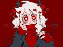 Rule 34 | 1girl, black jacket, closed mouth, copyright name, demon tail, frown, heart, heart-shaped pupils, helltaker, highres, horns, jacket, korean commentary, long hair, long sleeves, looking at viewer, modeus (helltaker), red background, red sweater, simple background, sleeves past wrists, solo, straight-on, sweater, symbol-shaped pupils, tail, unn1666, upper body, white hair