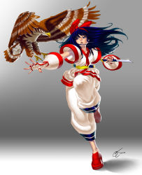 Rule 34 | 1girl, absurdres, ainu clothes, baggy pants, bird, blue eyes, blue hair, bow, commentary, fingerless gloves, flats, full body, gloves, grey background, hair bow, hairband, hawk, highres, knife, lips, long hair, mamahaha, matching hair/eyes, nakoruru, nose, outstretched arm, pants, realistic, red bow, red footwear, reverse grip, running, samurai spirits, shoes, solo, super bull, weapon