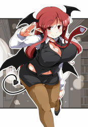Rule 34 | 1girl, bat wings, blush, bouncing breasts, breasts, cleavage, curvy, demon girl, demon tail, female focus, head wings, koakuma, large breasts, leaning forward, long hair, looking at viewer, low wings, midriff, navel, necktie, pantyhose, pointy ears, red eyes, red hair, skirt, smile, solo, demon girl, sugiura, tail, thighs, touhou, wings