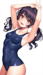 Rule 34 | 1girl, :d, armpits, arms up, bang dream!, black hair, blue one-piece swimsuit, blush, breasts, cameltoe, cleft of venus, covered erect nipples, covered navel, cowboy shot, futaba tsukushi, lambda (kusowarota), leaning back, long hair, looking at viewer, one-piece swimsuit, open mouth, orange eyes, school swimsuit, simple background, small breasts, smile, solo, standing, swimsuit, twintails, v, white background