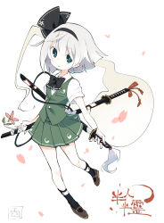 Rule 34 | 1girl, aida (aidia), black bow, bow, bowtie, brown footwear, commentary request, eyes visible through hair, flower, full body, green eyes, green skirt, green vest, hair bow, headband, highres, hitodama print, holding, katana, konpaku youmu, konpaku youmu (ghost), looking at viewer, ofuda, petals, pleated skirt, pocket, shoes, short hair, short sleeves, skirt, socks, solo, sword, touhou, translation request, vest, weapon, white background, white hair