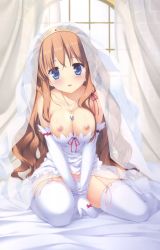 Rule 34 | 1girl, absurdres, blue eyes, blush, breasts, bridal veil, bride, brown hair, cleavage, clothes pull, curtains, dress, dress pull, elbow gloves, garter straps, gloves, highres, jewelry, lace, lace-trimmed legwear, lace trim, large breasts, melty moment, necklace, nipples, orie yuuka, panties, rakko (makarakko), see-through, sitting, solo, thighhighs, underwear, veil, wariza, wedding dress, white panties, white thighhighs, window