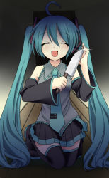 Rule 34 | 1girl, ^ ^, ahoge, aqua hair, bad id, bad pixiv id, bare shoulders, boots, closed eyes, detached sleeves, etou (cherry7), closed eyes, full body, hatsune miku, kneeling, knife, long hair, long sleeves, necktie, open mouth, pleated skirt, skirt, smile, solo, thighhighs, thighs, twintails, vocaloid, wide sleeves, yandere, zettai ryouiki