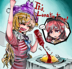 Rule 34 | ..., 2girls, american flag dress, american flag legwear, arm up, bare shoulders, blonde hair, chain, closed eyes, clothes writing, clownpiece, collar, english text, eyebrows, fairy wings, food, hat, hecatia lapislazuli, jester cap, ketchup, long hair, migi tonari, multiple girls, omelet, omurice, open mouth, pantyhose, red eyes, red hair, smile, spoken ellipsis, star (symbol), striped, thick eyebrows, touhou, very long hair, wings