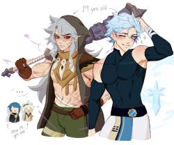 Rule 34 | ..., 4boys, ;), abs, absurdres, alternate costume, aqua eyes, aqua hair, arm up, armpits, arrow (symbol), artist name, asymmetrical bangs, asymmetrical hair, bandages, bandana, bare shoulders, belt, bennett (genshin impact), biceps, black belt, blush, brown gloves, chibi, chibi inset, chongyun (genshin impact), closed mouth, club (weapon), collarbone, commentary, covered navel, english commentary, english text, eyelashes, fang, genshin impact, gloves, goggles, goggles on head, grey hair, hair between eyes, hand in own hair, hand on own hip, highres, jewelry, long hair, multiple boys, muscular, muscular male, necklace, one eye closed, over shoulder, pectorals, razor (genshin impact), red eyes, ruffling hair, scar, scar on arm, sidelocks, simple background, skin fang, slit pupils, smile, sparkle, spoken ellipsis, standing, sweatdrop, vision (genshin impact), weapon, weapon over shoulder, white background, xiaoann9, xingqiu (genshin impact)