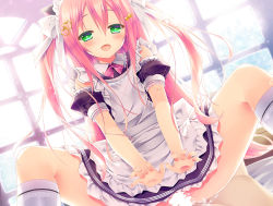 Rule 34 | 1boy, 1girl, apron, black dress, blush, censored, cowgirl position, cum, cum in pussy, dress, girl on top, green eyes, hair ornament, hairclip, heart, heart-shaped pupils, hetero, inagaki miiko, kneehighs, long hair, maid, maid headdress, open mouth, original, pink hair, ribbon, sex, smile, socks, spread legs, straddling, symbol-shaped pupils, two side up, vaginal, white apron, white socks, window