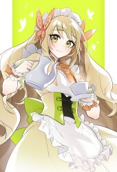 Rule 34 | 1girl, alternate costume, apron, blonde hair, bow, bowtie, celine (fire emblem), commentary, cowboy shot, cup, dress, enmaided, fire emblem, fire emblem engage, frilled apron, frills, green eyes, grin, highres, holding, holding teapot, long hair, looking at viewer, maid, maid headdress, nintendo, orange bow, orange bowtie, smile, solo, standing, teacup, teapot, very long hair, waist apron, white apron, wrist cuffs, xiafei97, yellow dress