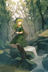 Rule 34 | 1girl, artist name, binoculars, black footwear, black pantyhose, blurry, blurry background, boots, box, brown eyes, camouflage, camouflage shirt, camouflage skirt, commentary, cross-laced footwear, dated, day, forest, frown, full body, furahata gen, grass, green hair, green shirt, green skirt, hat, highres, holding, holding binoculars, key, long hair, looking afar, looking to the side, nature, outdoors, pantyhose, petticoat, pocket, rock, shirt, skirt, skirt set, solo, standing, standing on one leg, stream, touhou, v-shaped eyebrows, water drop, yamashiro takane