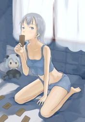 Rule 34 | 1girl, barefoot, bed, camisole, eila ilmatar juutilainen, feet, indoors, ipponshimeji, legs, long hair, midriff, pillow, shorts, grey eyes, silver hair, solo, strike witches, stuffed toy, tarot, window, world witches series