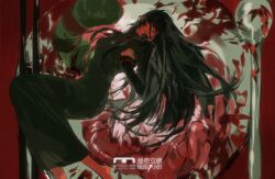 Rule 34 | 1girl, asanogiliko, black dress, black hair, blood, breasts, chinese commentary, closed mouth, commentary request, dress, green eyes, guro, highres, intestines, jewelry, long hair, long sleeves, naihe (female) (touqi guaitan), necklace, on plate, small breasts, solo, sponge, touqi guaitan, watermark, worm