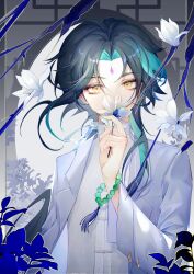 Rule 34 | 1boy, absurdres, alternate costume, bead bracelet, beads, bracelet, chinese clothes, facial mark, flower, forehead mark, genshin impact, green hair, highres, holding, holding flower, jewelry, male focus, multicolored hair, tassel, white flower, xiao (genshin impact), xiaohen236, yaopei, yellow eyes