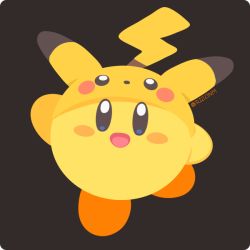 Rule 34 | :d, black background, blush stickers, character hat, commentary, copy ability, creatures (company), full body, game freak, gen 1 pokemon, hand up, happy, hat, kirby, kirby (series), looking at viewer, nintendo, no humans, open mouth, pikachu, pokemon, pokemon (creature), rizu (rizunm), simple background, smile, solo, super smash bros., twitter username
