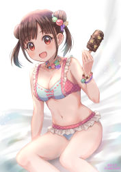 Rule 34 | 1girl, :d, bikini, blush, bracelet, breasts, brown eyes, brown hair, cleavage, collarbone, commentary request, double bun, food, frilled bikini, frills, hair bun, hair ornament, hand up, highres, holding, holding food, ice cream, idolmaster, idolmaster shiny colors, jewelry, looking at viewer, medium breasts, navel, necklace, open mouth, short hair, sitting, smile, solo, sonoda chiyoko, soramame tomu, stomach, swimsuit, twintails