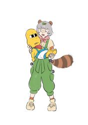 Rule 34 | 1boy, 1girl, :3, animal ears, animal nose, annoyed, bald, bandana around neck, black eyes, briefs, brown shirt, carrying, colored skin, commentary, empty eyes, eye contact, full body, furrowed brow, glaring, gloom (expression), green overalls, grey hair, height difference, highres, leaf, leaf on head, looking at another, male underwear, mode aim, momoco (momco04), orange socks, peanuts-kun, ponpoko (vtuber), princess carry, raccoon ears, raccoon tail, scowl, shirt, shoes, short hair, short sleeves, shorts, simple background, socks, standing, suspender shorts, suspenders, symbol-only commentary, tail, topless male, underwear, virtual youtuber, white background, yellow skin