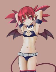 Rule 34 | 1girl, armband, armpits, arms behind head, arms up, aruman, bad id, bad pixiv id, belt, black legwear, black shorts, child, choker, collarbone, demon girl, demon tail, demon wings, disgaea, earrings, etna (disgaea), female focus, flat chest, hair tie, highres, jewelry, looking at viewer, matching hair/eyes, micro shorts, navel, pointy ears, red background, red eyes, red hair, red legwear, shorts, simple background, smile, solo, standing, tail, twintails, wings