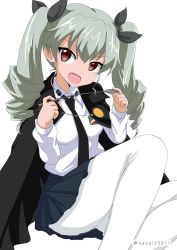 Rule 34 | 10s, 1girl, :d, anchovy (girls und panzer), anzio school uniform, black cape, black necktie, black ribbon, black skirt, cape, commentary, dress shirt, drill hair, emblem, girls und panzer, green hair, hair ribbon, holding, holding riding crop, legs, long hair, long sleeves, looking at viewer, miniskirt, necktie, one-hour drawing challenge, open mouth, pantyhose, pleated skirt, red eyes, ribbon, riding crop, school uniform, shibagami, shirt, simple background, sitting, skirt, smile, solo, twin drills, twintails, twitter username, white background, white pantyhose, white shirt, wing collar