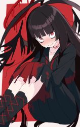 Rule 34 | black footwear, black hair, black shirt, black skirt, blue archive, blush, boots, border, closed mouth, halo, hibiyairo, hugging own legs, long hair, looking at viewer, red background, red eyes, sailor collar, school uniform, shirt, simple background, skirt, smile, solo, sweat, tsurugi (blue archive), wavy mouth, white border, wings