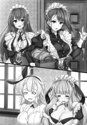 Rule 34 | 4girls, azur lane, blush, braid, breasts, cleavage, crying, curacoa (azur lane), curlew (azur lane), closed eyes, facing another, greyscale, highres, index finger raised, indoors, kent (azur lane), large breasts, long hair, long sleeves, looking at another, monochrome, multiple girls, necktie, novel illustration, official art, open mouth, raiou, smile, suffolk (azur lane)