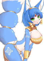 Rule 34 | 1girl, animal ear fluff, animal ears, animal nose, arched back, armor, bandeau, blue fur, blue hair, blush, body fur, breasts, choker, circlet, cleavage, collarbone, cowboy shot, crystal, female focus, fox ears, fox girl, fox tail, from side, furry, furry female, gem, gold, green eyes, green gemstone, hairband, highres, horokusa (korai), jewelry, krystal, large breasts, leaning forward, leg tattoo, loincloth, looking at viewer, necklace, nintendo, o-ring, o-ring bottom, open mouth, red gemstone, short hair, shoulder armor, sidelocks, simple background, solo, star fox, tail, tail raised, tattoo, two-tone fur, v arms, vambraces, white background, white fur, yellow bandeau, yellow choker, yellow hairband