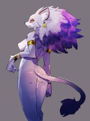 Rule 34 | 1girl, armlet, ass, big hair, body fur, bracelet, breasts, colored sclera, dated, earrings, fang, female focus, from behind, furry, furry female, gold, grey background, highres, isabella (seiken densetsu 3), jewelry, long hair, looking back, nude, purple hair, red sclera, sasamino, seiken densetsu, seiken densetsu 3, simple background, slit pupils, solo, yellow eyes