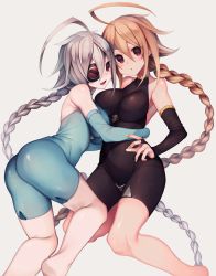 Rule 34 | 2girls, absurdres, ahoge, arc system works, arm around waist, ass, bare shoulders, between legs, blazblue, blonde hair, blush, bodysuit, braid, breasts, bridal gauntlets, closed mouth, covered navel, cowboy shot, elbow gloves, eyepatch, eyes visible through hair, flipped hair, from side, gloves, grey background, hair between eyes, halterneck, happy, highres, hime gyo, hug, huge ahoge, impossible clothes, lambda-11, large breasts, lips, long hair, looking at viewer, looking back, multiple girls, nail polish, nu-13, open mouth, parted lips, red eyes, shiny clothes, shiny skin, sideboob, silver hair, simple background, single braid, skin tight, smile, turtleneck, unitard, very long hair, white background, yuri
