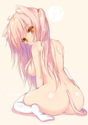 Rule 34 | 1girl, ?, animal ears, ass, breasts, brown eyes, cat ears, cat tail, long hair, looking at viewer, looking back, nude, original, pink hair, shia flatpaddy, sitting, solo, syroh, tail, thighhighs, wariza, white thighhighs