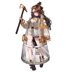 Rule 34 | 1girl, absurdres, animal ears, arknights, axe, beaver ears, beaver tail, black footwear, boots, breast pocket, brown eyes, brown hair, choker, closed mouth, coat, commentary, english commentary, full body, glasses, hair ornament, hair over one eye, hairclip, highres, holding, holding axe, holding weapon, infection monitor (arknights), long hair, long sleeves, looking at viewer, original, pen in pocket, pocket, ribiadan, see-through, see-through coat, shirt, simple background, smile, solo, tail, thigh strap, transparent background, weapon, white coat, white shirt