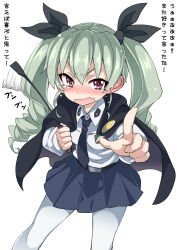 Rule 34 | 10s, 1girl, absurdres, anchovy (girls und panzer), black skirt, blush, cape, confession, drill hair, girls und panzer, green hair, hair ribbon, highres, long hair, looking at viewer, md5 mismatch, miyao ryuu, necktie, open mouth, pantyhose, pointing, pointing at viewer, red eyes, resized, resolution mismatch, ribbon, riding crop, school uniform, shirt, simple background, skirt, solo, source smaller, tears, text focus, translation request, twin drills, twintails, upscaled, white background, white pantyhose, white shirt