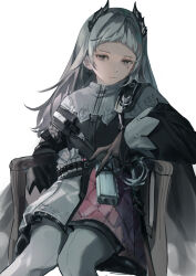 Rule 34 | 1girl, absurdres, ammunition belt, arknights, black dress, black gloves, chair, dress, earrings, erulusyro, feet out of frame, gloves, grey eyes, grey hair, gun, handgun, head wings, highres, irene (arknights), jewelry, long sleeves, looking at viewer, multicolored clothes, multicolored dress, pantyhose, pink dress, scar, scar across eye, simple background, sitting, solo, sword, v, weapon, white background, white dress, white pantyhose, wings